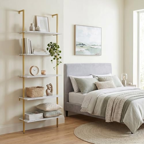 aboxoo Ladder Shelf White Marble Bookshelf 5-Tier Wall-Mounted Wood Rack Industrial Modern Plant Flower Stand Utility Organizer Open Bookcase Metal Frame Furniture Office Kitchen Bedroom - color: White Marble 5-tier, size: 1PC