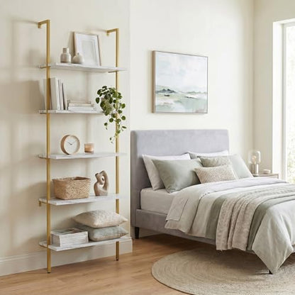 aboxoo Ladder Shelf White Marble Bookshelf 5-Tier Wall-Mounted Wood Rack Industrial Modern Plant Flower Stand Utility Organizer Open Bookcase Metal Frame Furniture Office Kitchen Bedroom - color: White Marble 5-tier, size: 1PC