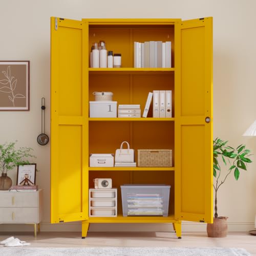 61" H Yellow Metal Storage Armoire Cabinet, Lockable Steel Cabinet, 2-Door Tall Locker with 3 Adjustable Shelves, Freestanding Steel Utility Cabinet for Bedroom, Office, Living Room - color: Yellow, style: 61"H-Cabinet-YX