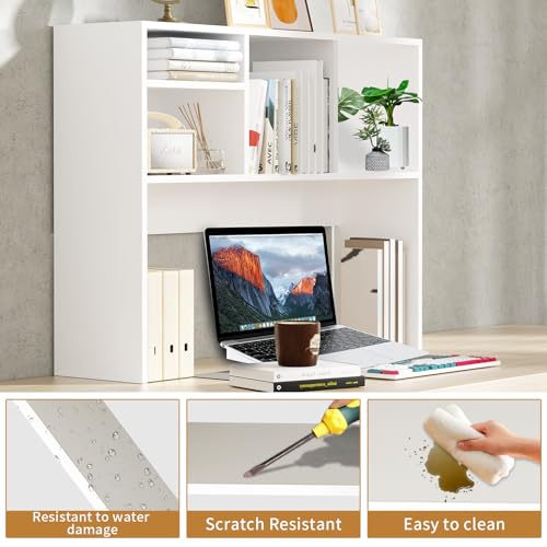 AQQHSAIN Desktop Bookshelf Wooden Desktop Hutch Storage Organizer Multipurpose Tabletop Display Rack with 4 Shelves for Computer Desk Hutch for College Dorm Office Home (White)