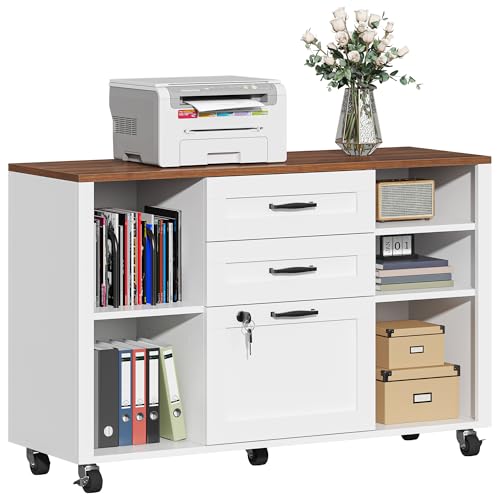 3 Drawer Wood Lateral File Cabinet with Lock, Rolling Mobile Filing Cabinet with Open Storage Shelves, Printer Stand Office Storage Cabinet for Home Office Fits Files Legal/A4 Size, White - color: White-3 Drawers