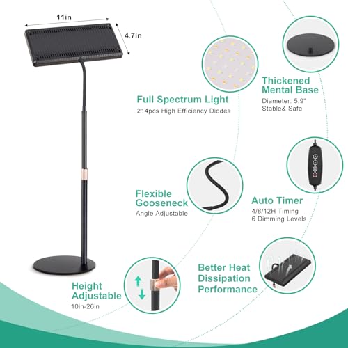 LBW Desk Grow Light, 214 LEDs Full Spectrum Plant Light for Indoor Plants | Desktop Grow Lamp with 4/8/12H Timer, 10"-26" Height Adjustable, 6 Brightness Levels, for Seed Starting - size: 1-Head