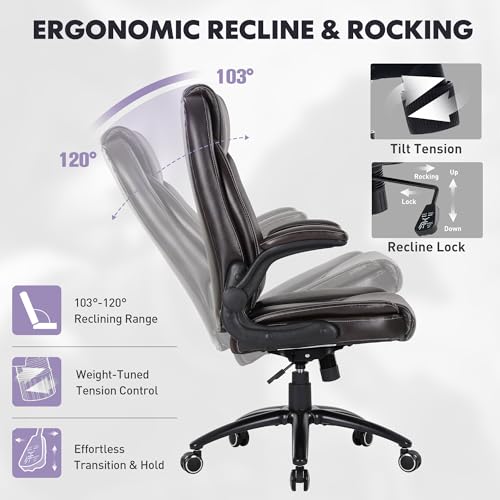 MALOL 300LBS PU Leather High-Back Executive Office Chairs, Heavy Duty Home Ergonomic Computer Chair Flip-Up Armrests & Reclining Backrest, Brown - color: Brown-new