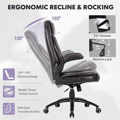 MALOL 300LBS PU Leather High-Back Executive Office Chairs, Heavy Duty Home Ergonomic Computer Chair Flip-Up Armrests & Reclining Backrest, Brown - color: Brown-new