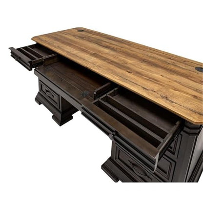 Pemberly Row Executive Desk, 60”W x 28”D x 30”H, Solid Wood Plank Top, Brown Finish, Double Pedestal Design, Dropfront Keyboard Drawer, Locking File Drawers, Antique Bronze Hardware, Home Office Desk