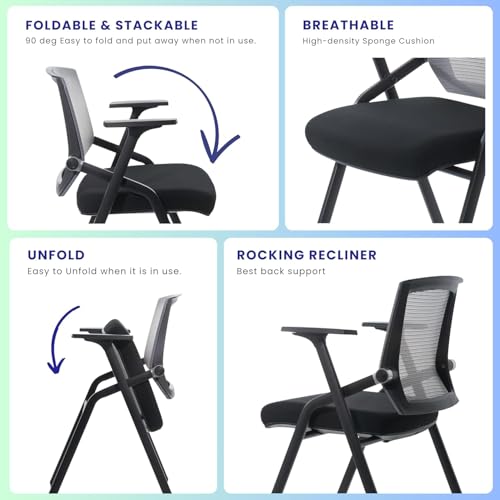 2 Pack Stackable Conference Room Chairs with Paddle Folding Office Foldable Desk Chair Mesh Back and Arms for Conference Meeting Guest Reception Home Office Training Room Chair Black - color: Black, size: 2 Pack