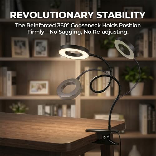 Clip on Book Light, LED Desk Lamp with Clamp, Flexible Gooseneck | Aluminum 15" Gooseneck Reading Light, 48 LED,3 Modes &10 Brightness, 59" USB Powered, for Headboard, Dorm, Craft, Office