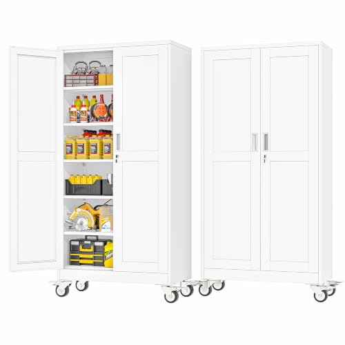 PAOFIN Metal Garage Storage Cabinet with Wheels,Steel Lockable File Cabinets with 2 Doors and 5 Adjustable Shelves,74" H Locking Tool Cabinets for Home Office, Warehouse, Required Assembly,White - color: White, size: 74"