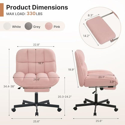 Criss Cross Office Chair with Foot Rest, Thick Cushioned Cross Legged Office Chair, Armless Wide Seat Reclining Desk Chair, Height Adjustable Criss Cross Chair for Home Office,Vanity, Pink - color: Pink