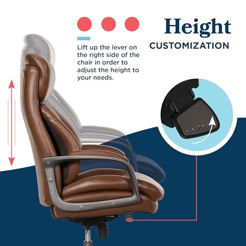 La-Z-Boy High-Back Ergonomic Office Chair, AIR Lumbar Support Leather Chair | Nova, 350lb Capacity Executive Task Chair, Padded Headrest & Arm, Layered Foam Seat Cushion, Swivel, Back Pain Relief, Cognac - color: Cognac