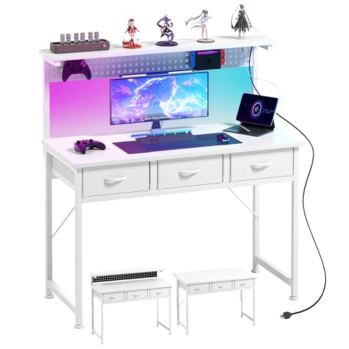 MUTUN Computer Desk with Drawers, 40 Inch Computer Desk with Power Outlet & LED Light, Gaming Desk with Adjustable Monitor Stand & Pegboard, Modern PC Study Writing Table for Bedroom, White - color: White, size: 40 Inch
