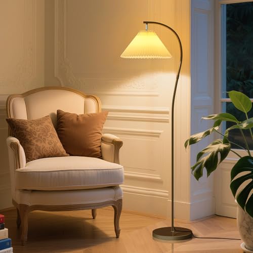 Modern Black Arc LED Floor Lamps, Bright 12W Three-Color Dimming Bulb, Wavy Pleated Lamp shade,Curved Standing Reading lamps for Living Room Bedroom Office Farmhouse, Cute Rustic Vintage Tall Lights - color: Black