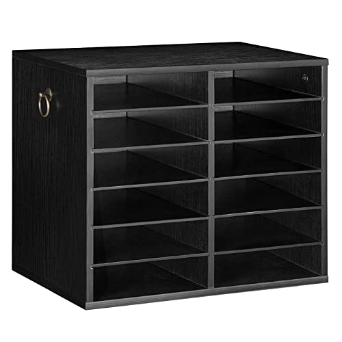 HOOBRO Literature Organizers, 12 Compartments Office Mailbox with Adjustable Shelves, Wood Countertop Literature Sorter for Office, Home, Classroom, Mailrooms Organization Black BK12WF01 - color: Black, size: 18.9"L