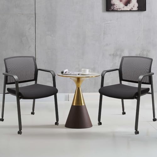 CLATINA Black Waiting Room Chair with Wheels Mesh Back Stacking Arm Chairs with Upholstered Fabric Seat and Ergonomic Lumbar Support for Office School Church Guest Reception, Set of 2