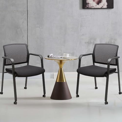 CLATINA Black Waiting Room Chair with Wheels Mesh Back Stacking Arm Chairs with Upholstered Fabric Seat and Ergonomic Lumbar Support for Office School Church Guest Reception, Set of 2