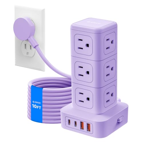 ORICO 10FT Extension Cord with 12 AC Outlets 4 USB, Surge Protetctor Power | Power Strip Tower, Outlet Extender, 20W Fast Charge Desk Accessories for Home Office Dorm - color: Purple, size: 10FT