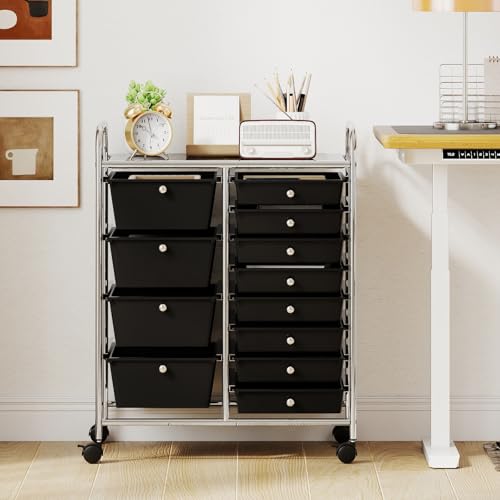 RELAX4LIFE 12-Drawer Rolling Storage Cart - Mobile Utility Drawer Carts with Wheels, Craft Organizers Cart for Classroom Organization and Storage, School, Office, Home - color: Black, style: 12 Drawers