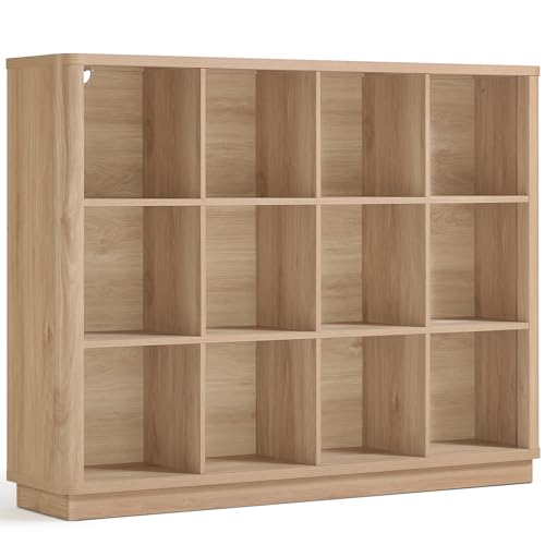 Joaxswe 12 Cube Storage Organizer, 41" Large Bookshelf with Curved Edge, Wood Floor Standing 3-Tier Cubby Bookcase with Base, Rustic Display Storage Cabinet for Living Room, Home Office, Natural Oak - color: Natural Oak, size: 12 Cube (11.81"D x 52.75"W x