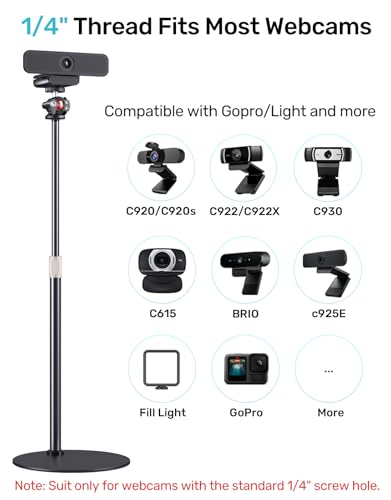 25-in Webcam Stand, Height Raise, 360° Rotatable Ballhead with Phone Holder | 1/4 Thread, Fits Logitech C922/C930e/C920/C615/C960/BRIO 4K/NexiGo N60/Phone, Stable Support for Live Streaming, Video Call - size: 39 cm – 66 cm in height