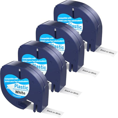 4 Pack Compatible with Dymo Letratag Refills 91201 91331 S0721660 Label Maker Tape White Plastic 12mm x 4m 1/2" x 13', Work with Dymo Letra Tag LT-100H LT-100T Plus 200B QX50 XR XM 2000