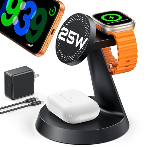 25W Fast 3 in 1 Charging Station for iPhone 17 Pro Max/16, iWatch & AirPods | Wireless Charger Compatible with MagSafe, for Multiple Apple Devices, Magnetic Charging Stand, with PD 45W Adapter - size: 25W Max for Phone
