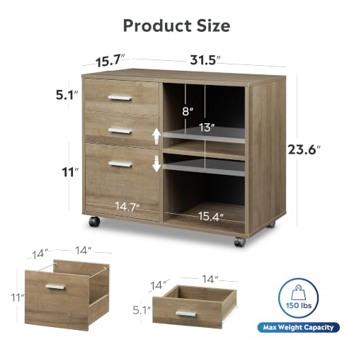DEVAISE Wood File Cabinet, 3 Drawer Lateral Filing Cabinet, Gray Oak - color: Gray Oak