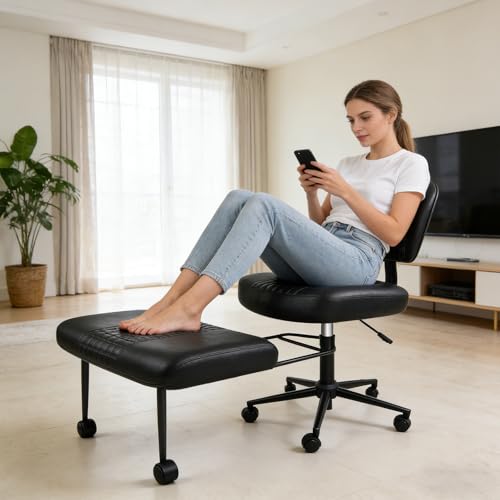 Ergonomic Cross Legged Office Chair with Footrest, 360° Swivel Height Adjustable PU Criss Cross Chair, Wide Seat & Back Support for Home Office, ADHD, Black - color: Black