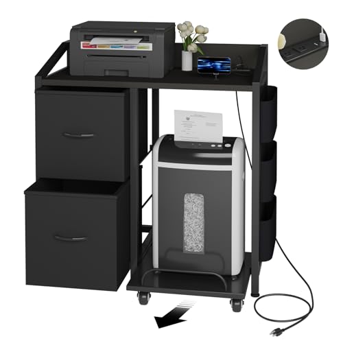 Printer Stand with Storage, Lateral Office Filing Cabinets with Power outlets & USB Charging Port, File Cabinet with Large Printer Stands for Home Office, Shredder Stand Rack (Black) - color: Black