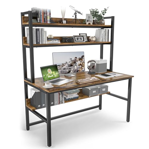 Aquzee Computer Desk with Hutch, 55 Inch Desk with Shelves | Tall Home Office Desk with Bookshelf, Study Table with Upper Storage Shelf for Study Writing/Workstation, Brown - color: Brown, size: 55inch