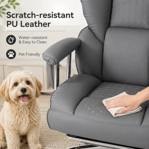 Big and Tall Office Chair, Ergonomic Executive Desk Chair with Footrest and Lumbar Support, Heavy Duty PU Leather Reclining Computer Chair with Extra Wide Seat for Home Office, Grey - color: Grey