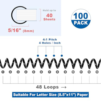 HOUYEE 100 Pcs Plastic Spiral Binding Coils,8mm (5/16"),4:1 Pitch,48 Loops - size: 5/16"(40 sheet capacity)