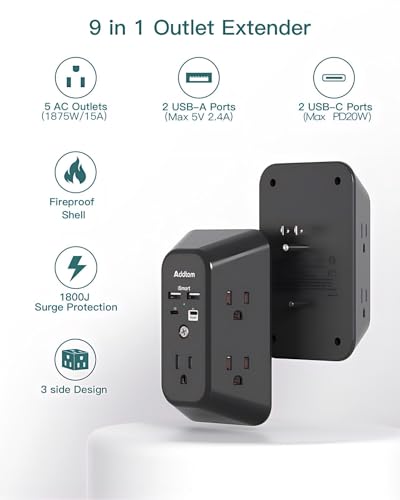 Addtam 5-Outlet Extender Surge Protector, Multi Plug Wall Outlet with 4 USB Wall Charger(PD 20W), Plug Extension Outlet 1800J, Outlet Splitter Power Strip for Home Office Dorm Room Essentials, Black - style: 2C2A PD 20W