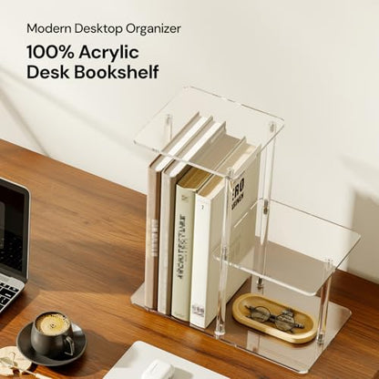 Acrylic Desktop Bookshelf, 7.9" D x 15" W x 15.3" H, Small Desktop Shelves Organizer, 3-Tier Clear Mini Table Top Shelf for Office Supplies and Desk Accessories, Easy Assembly