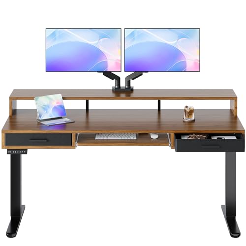 HUANUO 63″ x 26″ Electric Standing Desk with 2 Drawers &24.4″ Large Keyboard Tray, C-Clamp Mount Compatible, Adjustable Computer Desk for Office, Sit Stand Up Desk with 4 Height Presets, Deep Walnut - color: Deep Walnut, size: 63*26 inch