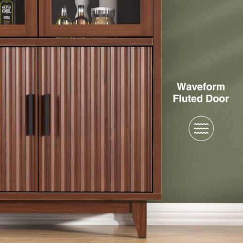 Arched Cabinet with Glass Doors, Fluted Pantry Cabinet with Solid Wood Legs - color: Walnut, size: Tall Arched - 15.7"D x 31.1"W x 70.8"H