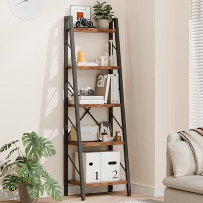 Shintenchi 5 Tier Ladder Shelf, Freestanding Corner Storage Shelves with Adjustable Feet and Anti-Falling Kit, Industrial Bookcase for Living Room, Bedroom, and Home Office, Rustic Brown - size: 16.7'' W x 12'' D x 55.8'' H-no Drawer