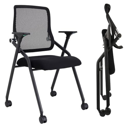 Updated Conference Room Chairs, Folding Office Desk Chair with Lumbar Support and Sliding Armrest with Casters, Stackable Office Guest Chairs & Reception Chairs, 2 Pack Black - color: Black, size: 2 Pack