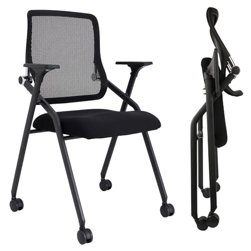 Updated Conference Room Chairs, Folding Office Desk Chair with Lumbar Support and Sliding Armrest with Casters, Stackable Office Guest Chairs & Reception Chairs, 10 Pack Black - color: Black, size: 10 Pack
