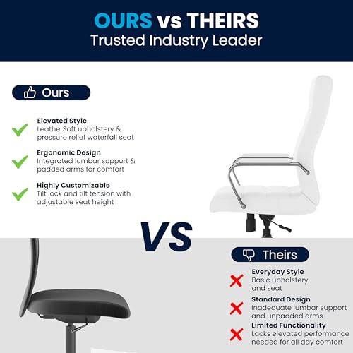 Flash Furniture Whitney High-Back Swivel LeatherSoft Desk Chair with Padded Seat and Armrests, Adjustable Height Padded Office Chair, White/Chrome | 360° Swivel, Height Adjustable, Commercial Grade - color: White Leathersoft/Chrome Frame