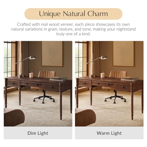 HULALA HOME 60 Inches Fluted Writing Desk with Charging Station, Walnut - color: Walnut