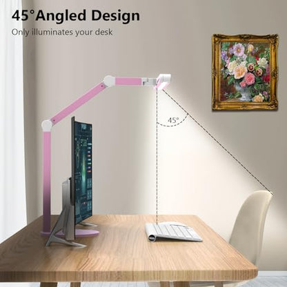 Micomlan Led Desk Lamp with Base, Adjustable Tall Architect Desk Light for Home Office with Flexible Swing Arm, 24W Pink Bright Table Lamp Auto Dimming Computer Light for Workbench - color: Pink