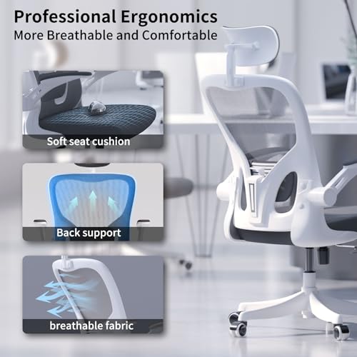 Monhey Ergonomic Office Chair, 90°-125° Tilt Back Home Desk Chair with 360° Swivel & Mute Wheels, High Back Mesh Computer Chair for Adults with Lumbar Support, 330 LBS Capacity(02White+Grey) - color: 02white+grey