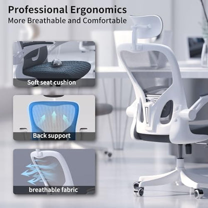Monhey Ergonomic Office Chair, 90°-125° Tilt Back Home Desk Chair with 360° Swivel & Mute Wheels, High Back Mesh Computer Chair for Adults with Lumbar Support, 330 LBS Capacity(02White+Grey) - color: 02white+grey