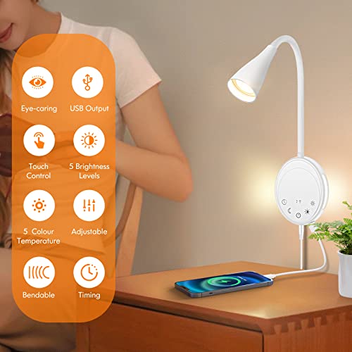 SANKEDOU LED Wall Mount Reading Light, Bedside Reading Lights with Touch Control, 5 Dimmable, USB Output, Night Light & Timers, Flexible Gooseneck Headboard Bed Lights wall Sconce (White-2P) - color: White-2P