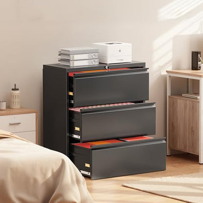 Superday Lateral File Cabinet 3 Drawer Metal File Cabinet with Lock, Black Filing Cabinets for Home Office, Locking Filing Cabinets Hanging Files Letter/Legal/F4/A4 - color: Black, style: 3 drawer-wide