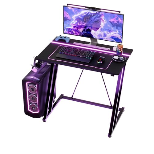 VINGLI 32 Inch Small Computer Desk, Folding Table w/Monitor Stand & LED Lights, Reversible Gaming Desk, Modern Study Desk for Bedroom Home Office, Writing, Black - color: Black, size: 32 Inch