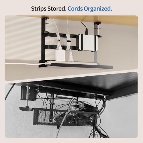 Yecaye Metal Under Desk Cable Management Tray, Clamp-On Desk Shelf | No Drill Mount; Anti-scratch Padded Clamps; Dual Wrap Bars; Fits Standing Desks; Metal Structure for Office Cable Storage;