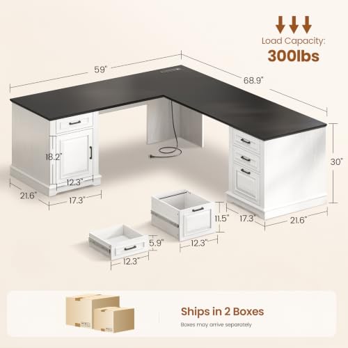 SEDETA Farmhouse 69" Executive L Shaped Office Desk with 4 Drawers, Storage - color: White, size: L Shaped Desk