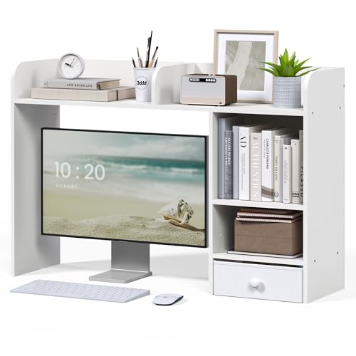 LAND·VOI Desktop Bookshelf with Drawer, Desk Hutch with 4 Storage Shelves for Computer Desk, Desk Shelf for Home Office Dorm, Dressing Tabletop, Bar Countertop, White - color: White-with Drawer