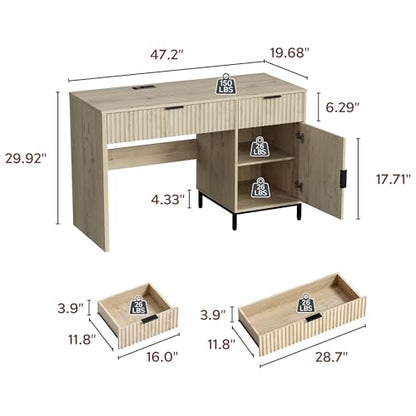 47" Home Office Desk with Fluted Drawers, Wood Exectuive Desk with Storage Cabinet, Charging Station, Metal Legs Modern Farmhouse Computer Desk for Work, Study Light Oak - color: Light Oak